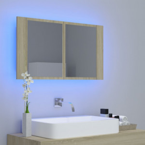 Dulap de baie cu oglindă și LED, stejar Sonoma, 80x12x45 cm - Img 3