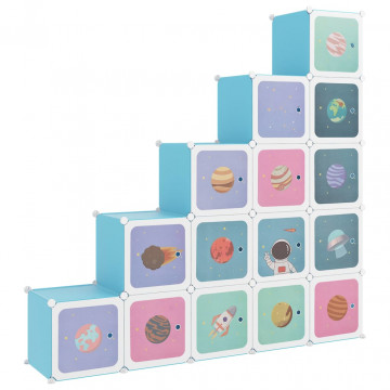 Dulap de depozitare cub pentru copii, 15 cuburi, albastru, PP - Img 2