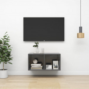 Dulap TV montat pe perete, gri extralucios, 37x37x72 cm, PAL - Img 1