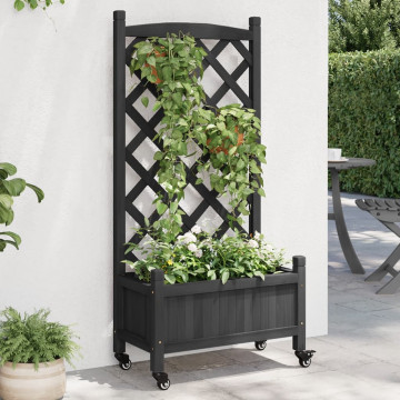 Jardinieră cu spalier și roți, negru, lemn masiv de brad - Img 1