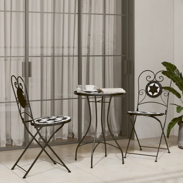Masă de bistro cu mozaic, negru și alb, fier și ceramică - Img 1