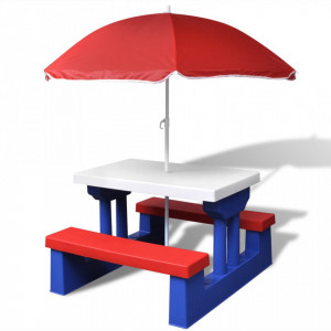 Masă de picnic pentru copii cu bănci & umbrelă, multicolor - Img 1