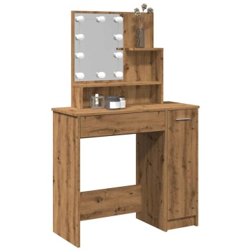 Masă de toaletă cu LED, stejar artizanal, 86,5x35x136 cm - Img 1
