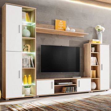 Mobilă de perete cu spațiu TV, iluminare LED, stejar sonoma - Img 1