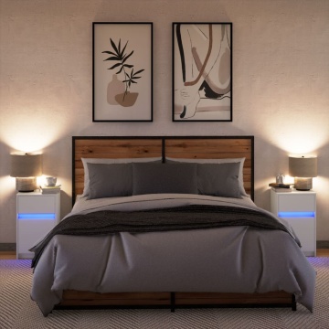 Noptiere cu lumini LED, 2 buc., alb, lemn prelucrat - Img 4
