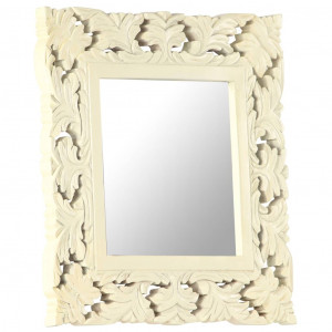 Oglindă sculptată manual, alb, 50x50 cm, lemn masiv mango - Img 6