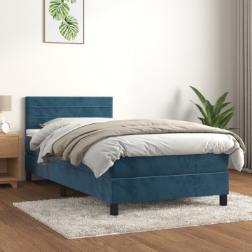 Pat box spring cu saltea, albastru închis, 90x190 cm, catifea - Img 1