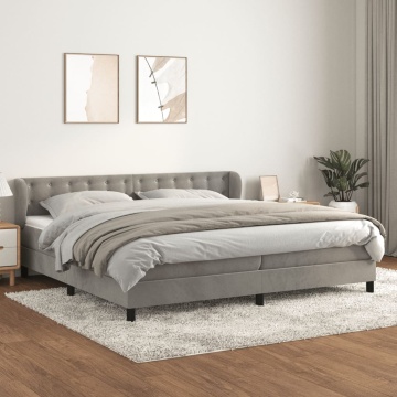 Pat box spring cu saltea, gri deschis, 200x200 cm, catifea - Img 1