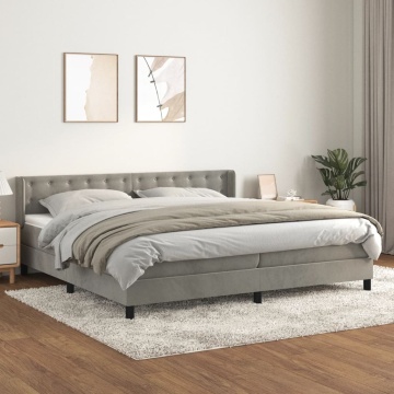 Pat box spring cu saltea, gri deschis, 200x200 cm, catifea - Img 1