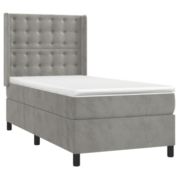 Pat box spring cu saltea, gri deschis, 90x190 cm, catifea - Img 3