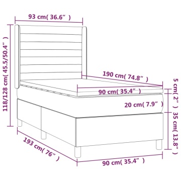 Pat box spring cu saltea, gri deschis, 90x190 cm, catifea - Img 6