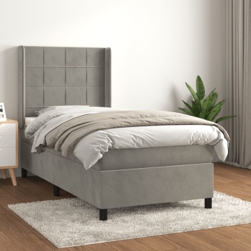 Pat box spring cu saltea, gri deschis, 90x190 cm, catifea - Img 1