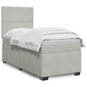 Pat box spring cu saltea, gri deschis, 90x200 cm, catifea - Img 1