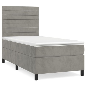 Pat box spring cu saltea, gri deschis, 90x200 cm, catifea - Img 2