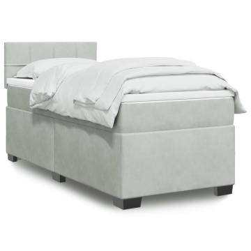 Pat box spring cu saltea, gri deschis, 90x200 cm, catifea - Img 1