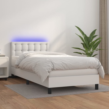Pat continental cu saltea & LED, alb, 90x200 cm, piele eco - Img 1