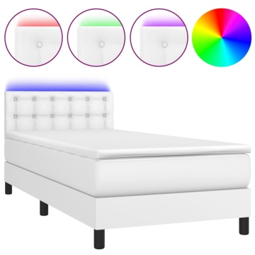Pat continental cu saltea & LED, alb, 90x200 cm, piele eco - Img 2
