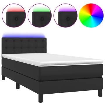 Pat continental cu saltea & LED, negru, 80x200 cm, piele eco - Img 2