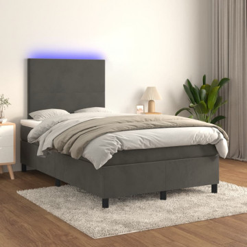 Pat cu arcuri, saltea și LED, gri închis, 120x200 cm, catifea - Img 1