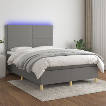 Pat cu arcuri, saltea și LED, gri închis, 140x200 cm, textil - Img 1
