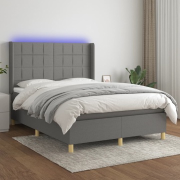 Pat cu arcuri, saltea și LED, gri închis, 140x200 cm, textil - Img 1