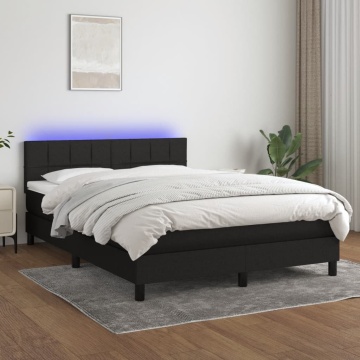 Pat cu arcuri, saltea și LED, negru, 140x190 cm, textil - Img 1