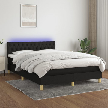 Pat cu arcuri, saltea și LED, negru, 140x200 cm, textil - Img 1