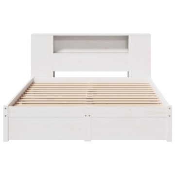 Pat cu bibliotecă fără saltea, alb, 140x190 cm, lemn masiv pin - Img 4