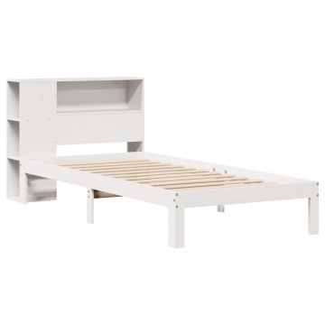 Pat cu bibliotecă fără saltea, alb, 75x190 cm, lemn masiv pin - Img 3