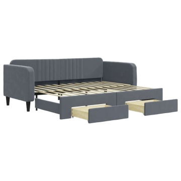 Pat de zi cu extensie și sertare gri închis 90x200 cm catifea - Img 2