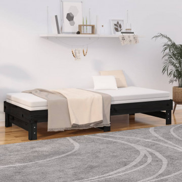 Pat de zi extensibil, negru, 2x(90x200) cm, lemn masiv de pin - Img 4