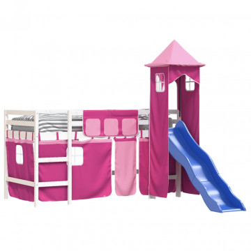Pat etajat de copii cu turn, roz, 80x200 cm, lemn masiv pin - Img 3