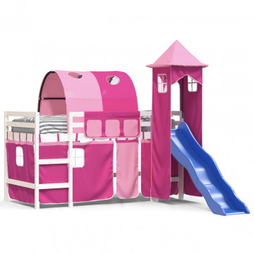 Pat etajat de copii cu turn, roz, 90x190 cm, lemn masiv pin - Img 2
