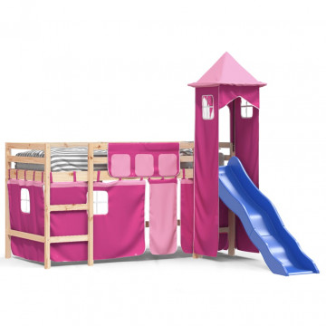 Pat etajat de copii cu turn, roz, 90x200 cm, lemn masiv pin - Img 2