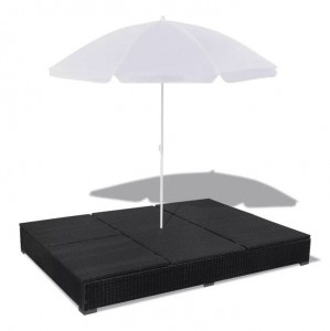 Pat șezlong de exterior cu umbrelă, negru, poliratan - Img 7
