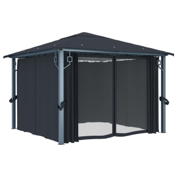 Pavilion cu perdele & șiruri lumini LED antracit 3x3 m aluminiu - Img 8