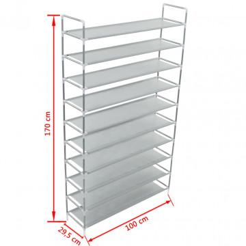 Raft încălțăminte 10 etajere, metal și textil nețesut, argintiu - Img 5
