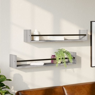 Rafturi de perete cu bare, 2 buc, gri sonoma, 80x16x14 cm - Img 1