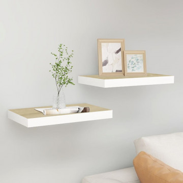 Rafturi perete suspendate 2 buc. alb/stejar 50x23x3,8cm MDF - Img 1