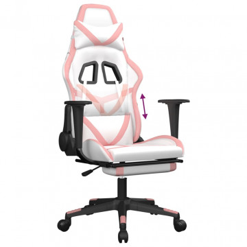 Scaun de gaming cu suport picioare, alb/roz, piele ecologică - Img 7