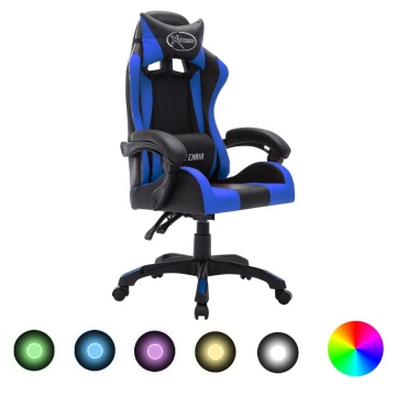 Scaun de jocuri cu LED RGB, albastru și negru, piele ecologică - Img 1