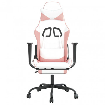 Scaun gaming de masaj/suport picioare, alb/roz, piele ecologică - Img 4