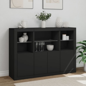 Servantă cu lumini LED, 3 buc., negru, lemn prelucrat - Img 4