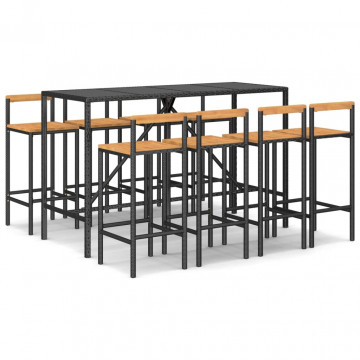 Set bar pentru grădină, 9 piese, negru, poliratan/lemn acacia - Img 2