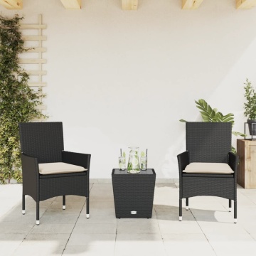 Set bistro cu perne, 3 piese, negru, poliratan și sticlă - Img 1