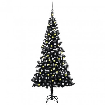 Set brad Crăciun artificial cu LED-uri&globuri negru 210 cm PVC - Img 1