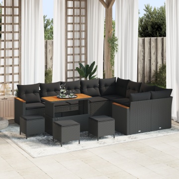 Set Canapea Grădină cu 13 Piese cu Pernă Negru Poli Ratan Acacia, Set de Dining Grădină cu 4 Piese cu Pernă Negru Poli Ratan Acacia - Img 1