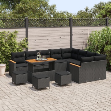 Set Canapea Grădină cu 13 Piese cu Pernă Negru Poli Ratan Acacia, Set de Dining Grădină cu 4 Piese cu Pernă Negru Poli Ratan Acacia - Img 3