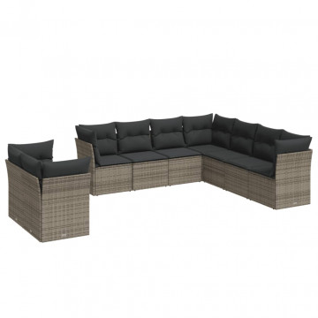 Set canapele de grădină, 9 piese, cu perne, gri, poliratan - Img 2