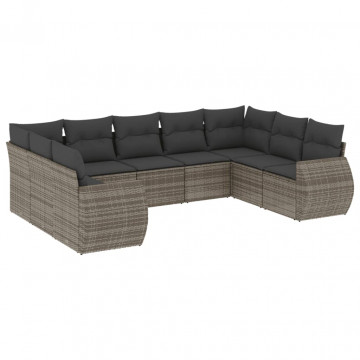 Set canapele de grădină, 9 piese, cu perne, gri, poliratan - Img 2